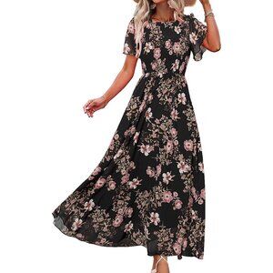 Women's  Floral Black Pink Chiffon Flowy Short Sleeve Crew Neck Summer Maxi